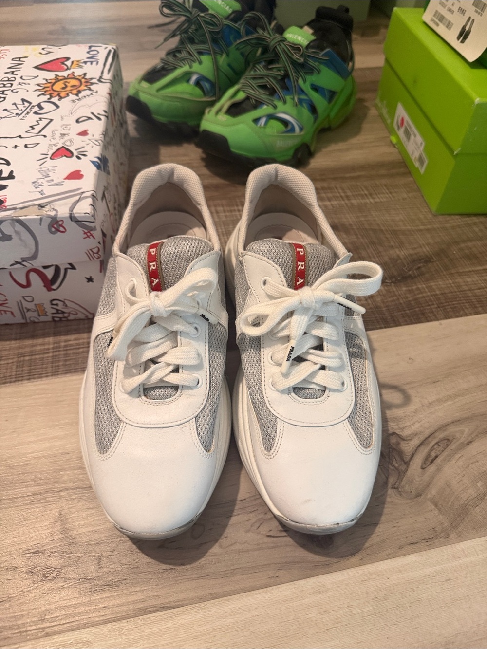 Authentic Prada White & Gray Mesh Leather Sneakers with Red Tongue Logo